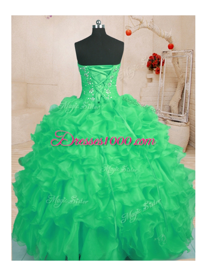 Green Organza Lace Up Sweetheart Sleeveless Floor Length Quinceanera Dresses Beading and Ruffles