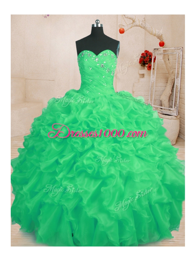 Green Organza Lace Up Sweetheart Sleeveless Floor Length Quinceanera Dresses Beading and Ruffles
