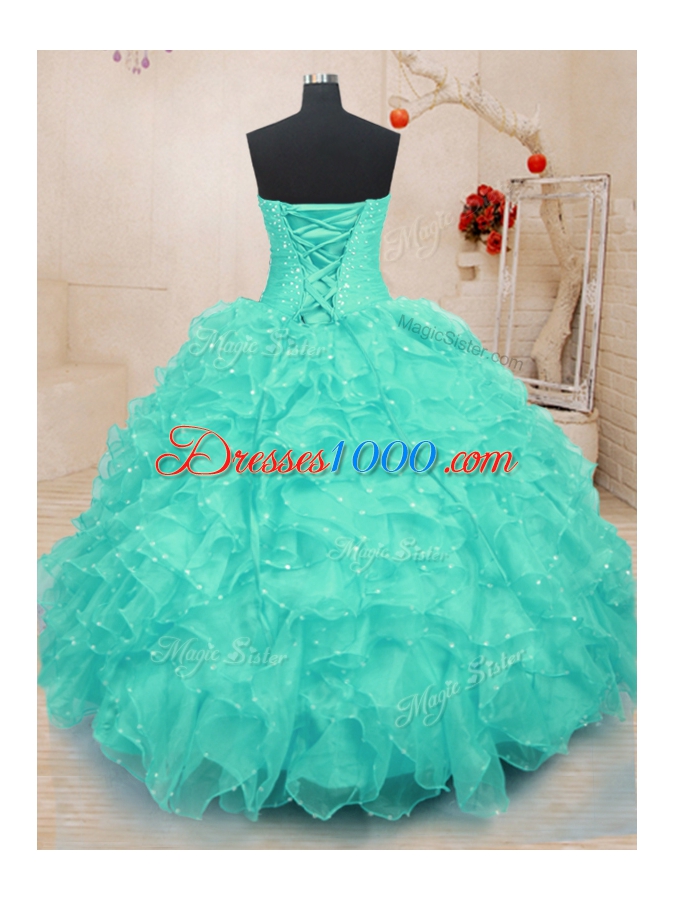 Cheap Turquoise Organza Lace Up Sweet 16 Quinceanera Dress Sleeveless Floor Length Beading and Ruffles and Hand Made Flower