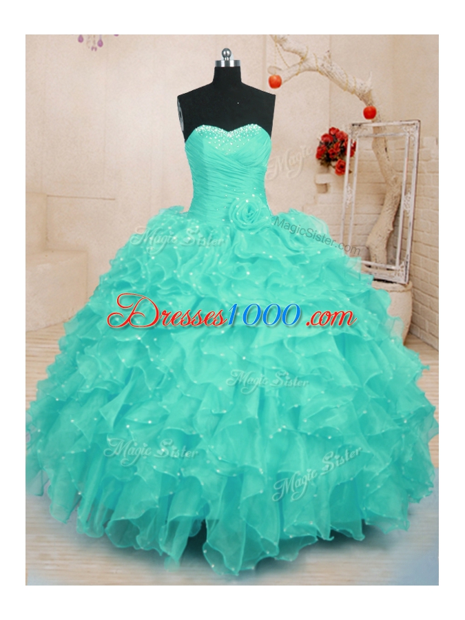 Cheap Turquoise Organza Lace Up Sweet 16 Quinceanera Dress Sleeveless Floor Length Beading and Ruffles and Hand Made Flower