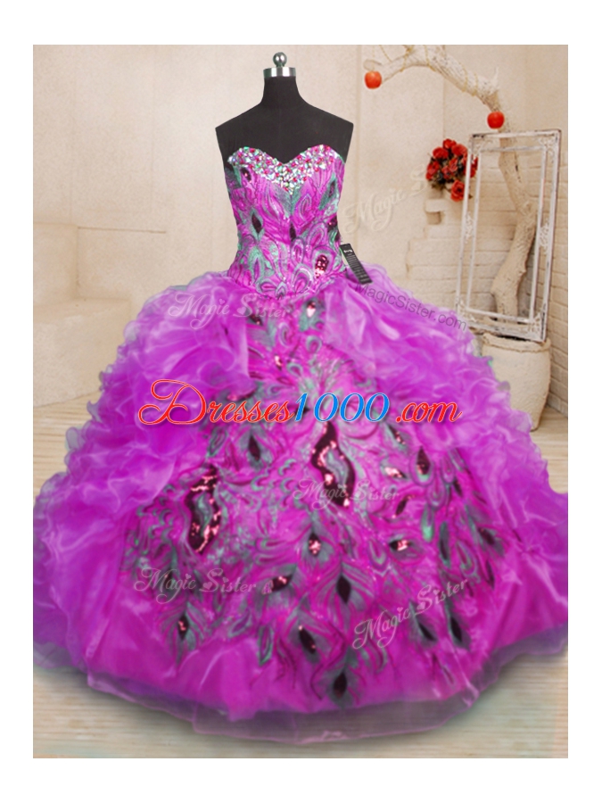 Designer Beading and Appliques and Ruffles Sweet 16 Dresses Purple Zipper Sleeveless Floor Length