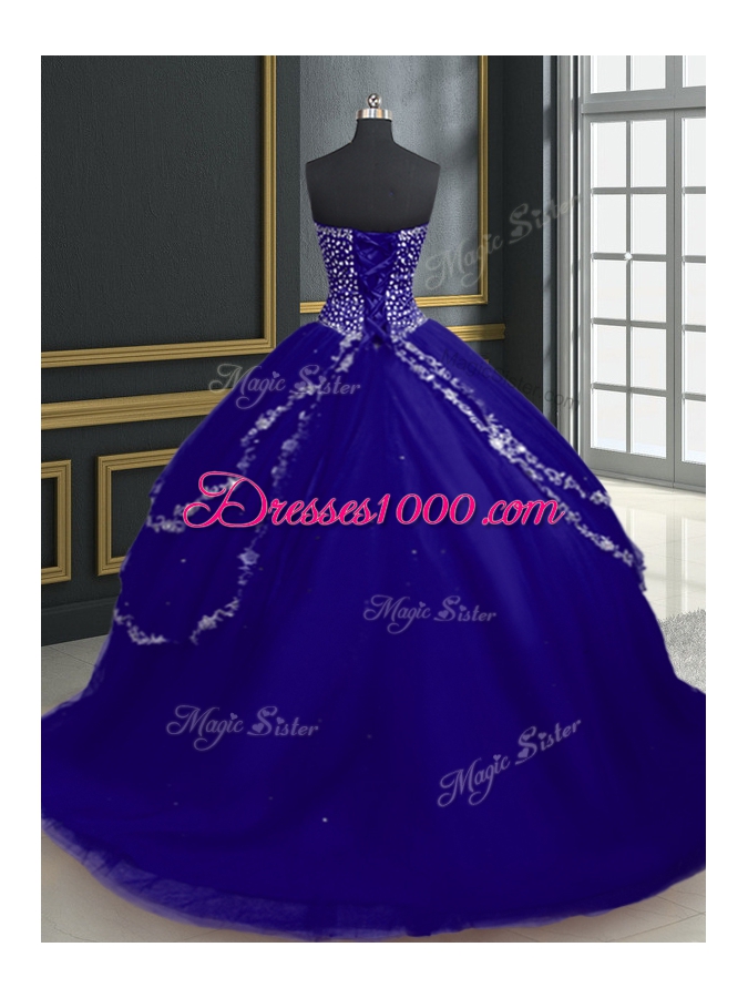 Excellent Sweetheart Sleeveless Quinceanera Dress With Brush Train Beading and Appliques Blue Tulle
