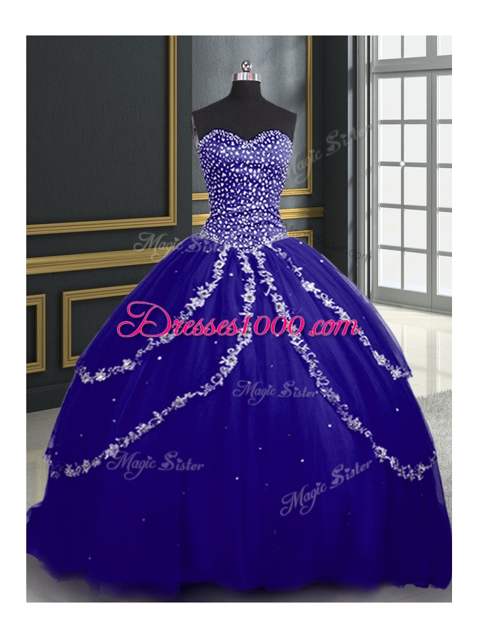 Excellent Sweetheart Sleeveless Quinceanera Dress With Brush Train Beading and Appliques Blue Tulle