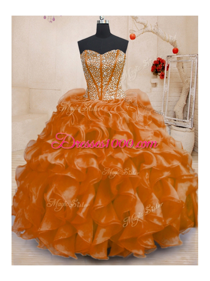 Fantastic Orange Sleeveless Organza Lace Up Quinceanera Dresses for Military Ball and Sweet 16 and Quinceanera