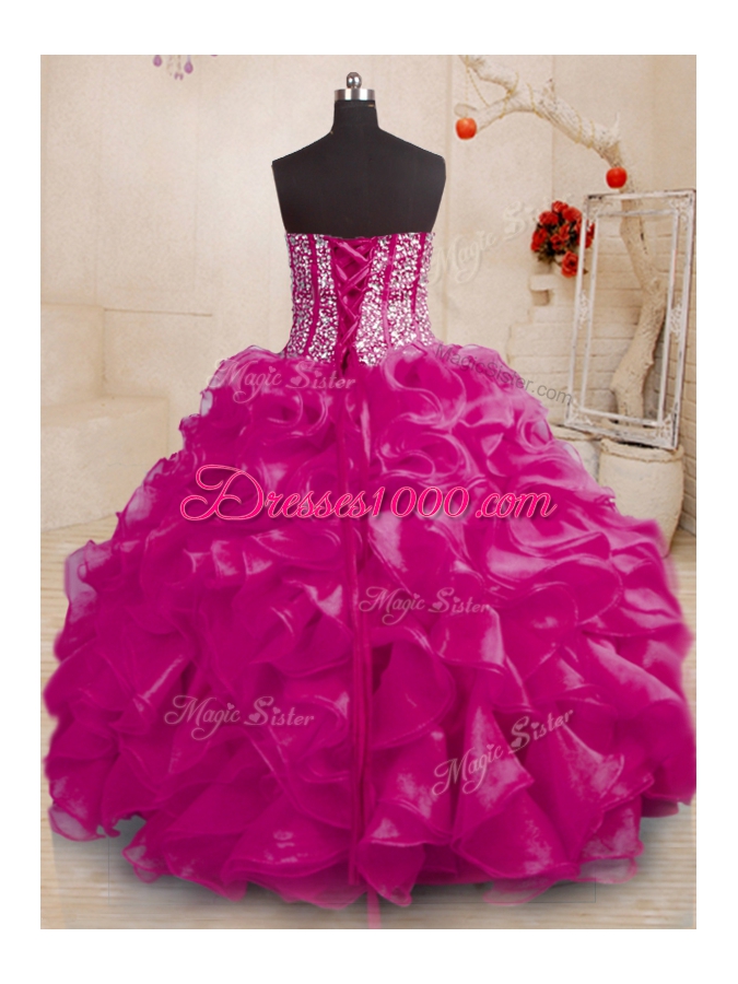 Fuchsia 15th Birthday Dress Military Ball and Sweet 16 and Quinceanera and For with Beading and Ruffles Sweetheart Sleeveless Lace Up