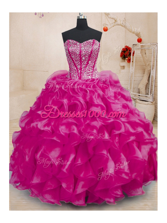 Fuchsia 15th Birthday Dress Military Ball and Sweet 16 and Quinceanera and For with Beading and Ruffles Sweetheart Sleeveless Lace Up