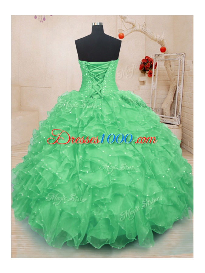 Graceful Green Organza Lace Up Sweet 16 Quinceanera Dress Sleeveless Floor Length Beading and Ruffles and Hand Made Flower