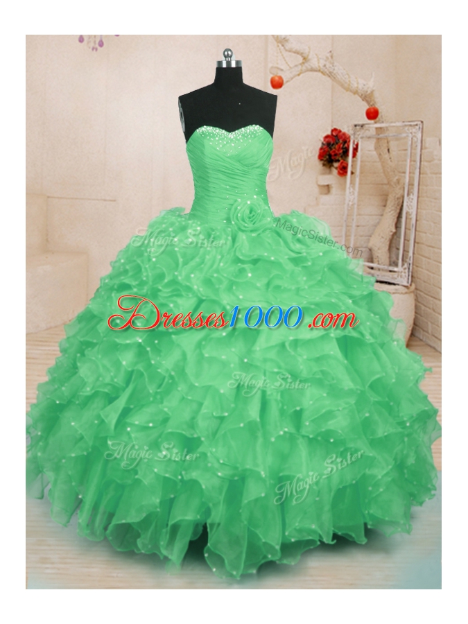 Graceful Green Organza Lace Up Sweet 16 Quinceanera Dress Sleeveless Floor Length Beading and Ruffles and Hand Made Flower
