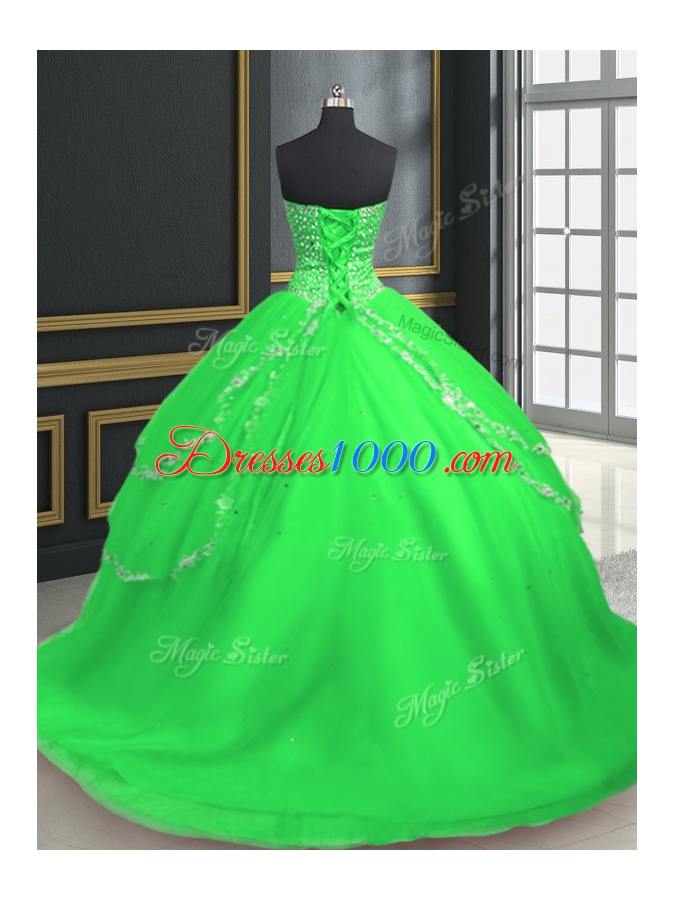 Lace Up Quinceanera Gown Beading and Appliques Sleeveless With Brush Train