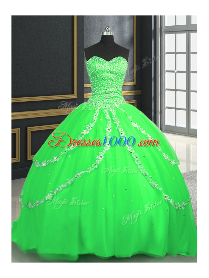 Lace Up Quinceanera Gown Beading and Appliques Sleeveless With Brush Train