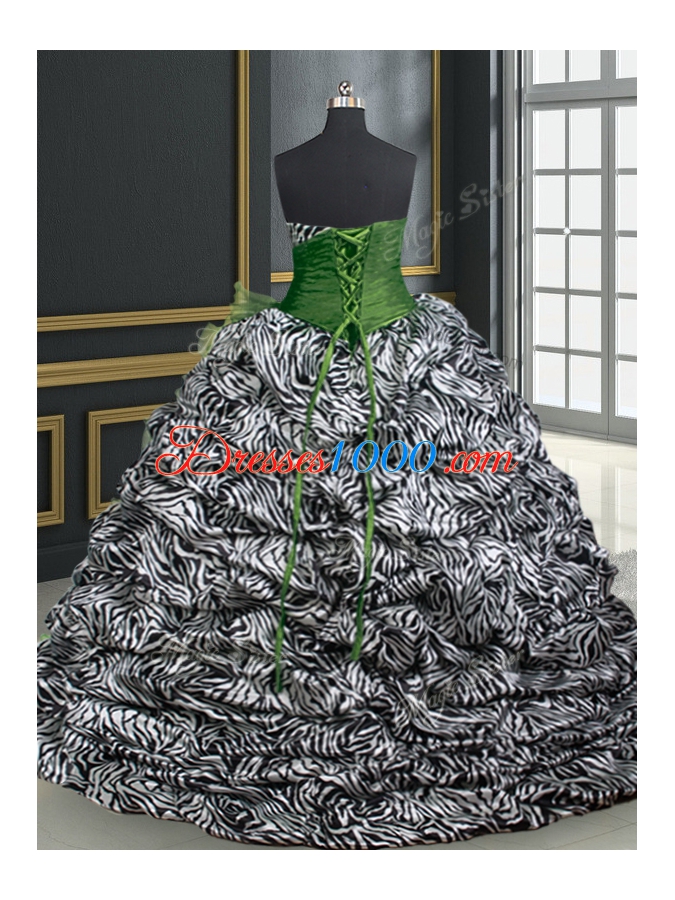 Printed Dark Green Sweetheart Neckline Beading and Ruffles and Pattern Ball Gown Prom Dress Sleeveless Lace Up