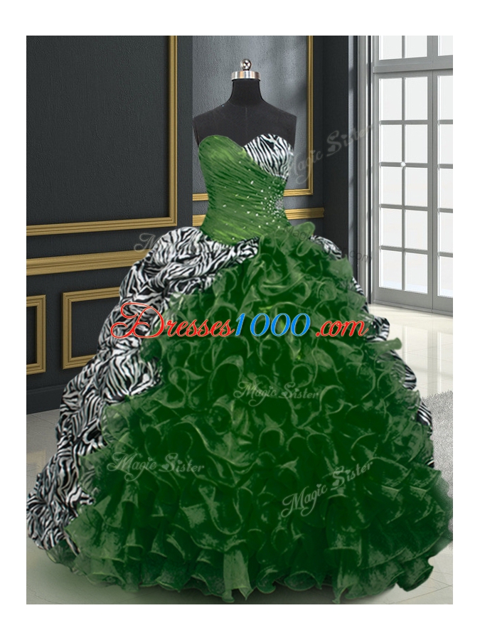 Printed Dark Green Sweetheart Neckline Beading and Ruffles and Pattern Ball Gown Prom Dress Sleeveless Lace Up