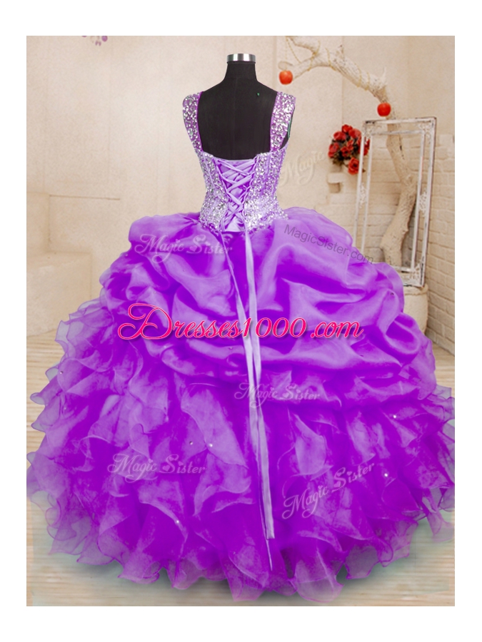 Purple Sleeveless Floor Length Beading and Ruffles and Pick Ups Lace Up Sweet 16 Dress