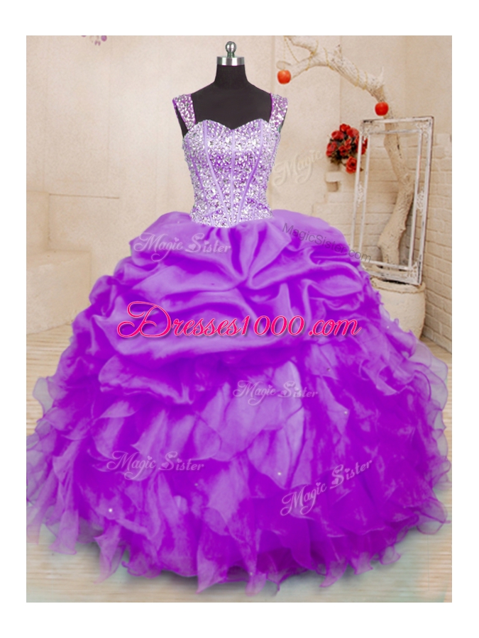 Purple Sleeveless Floor Length Beading and Ruffles and Pick Ups Lace Up Sweet 16 Dress