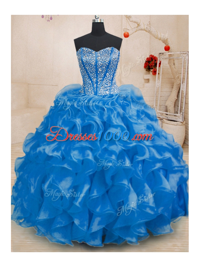 Sumptuous Royal Blue Lace Up Sweetheart Beading and Ruffles Quinceanera Dress Organza Sleeveless