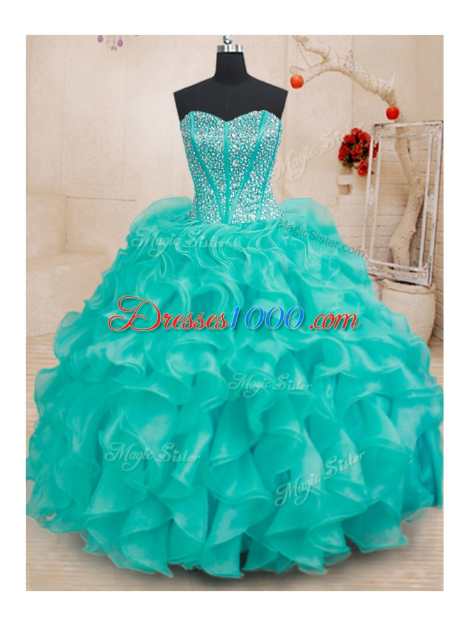 Turquoise Sleeveless Beading and Ruffles Floor Length Quinceanera Gown