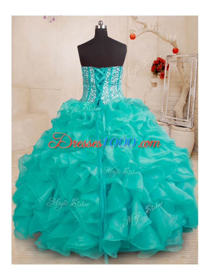 Turquoise Sleeveless Beading and Ruffles Floor Length Quinceanera Gown