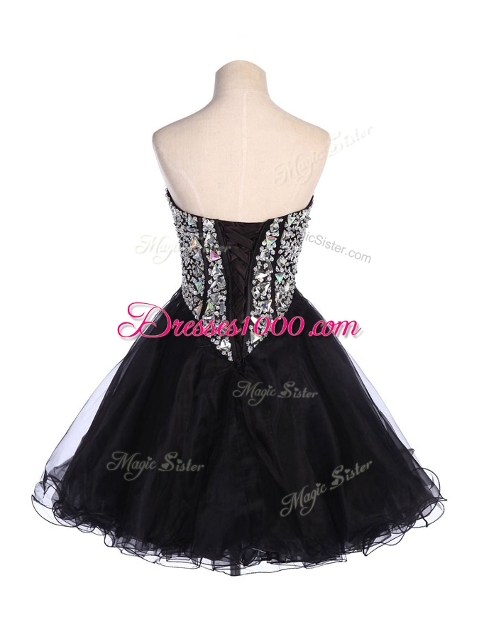 Fitting Sequins Mini Length Black Casual Dresses Sweetheart Sleeveless Lace Up