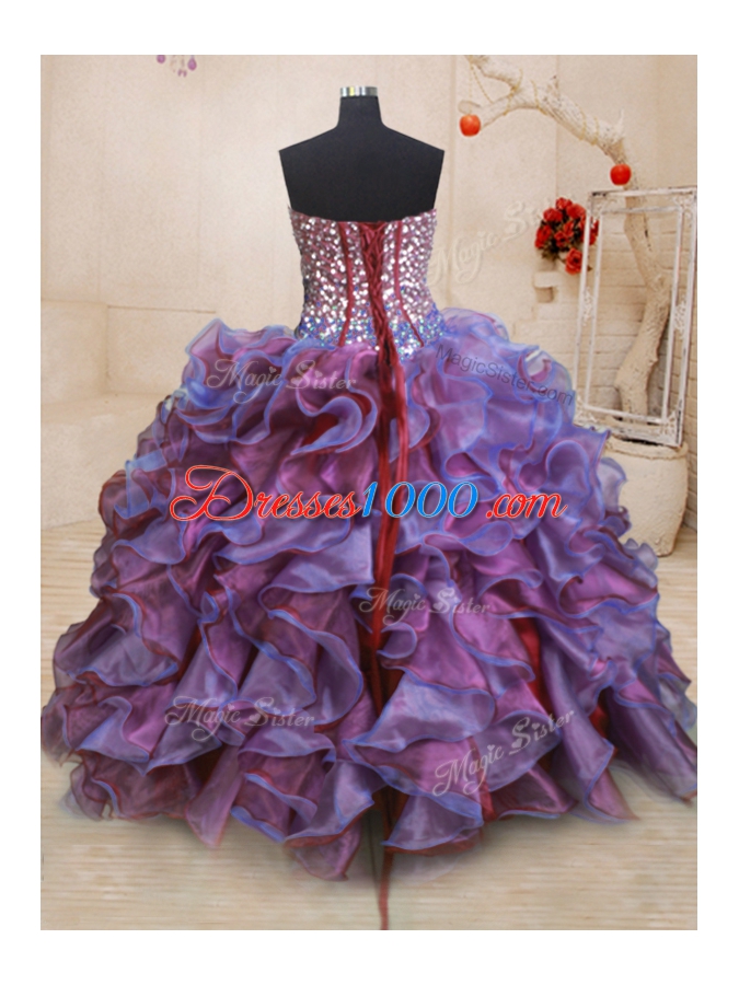 Beautiful Floor Length Lace Up Sweet 16 Dress Multi-color and In for Military Ball and Sweet 16 and Quinceanera with Beading and Ruffles