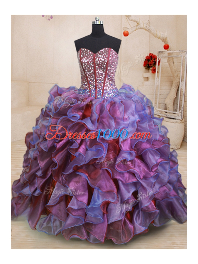 Beautiful Floor Length Lace Up Sweet 16 Dress Multi-color and In for Military Ball and Sweet 16 and Quinceanera with Beading and Ruffles