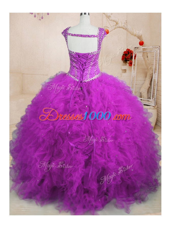 Cap Sleeves Tulle Floor Length Lace Up 15 Quinceanera Dress in Purple for with Beading and Ruffles