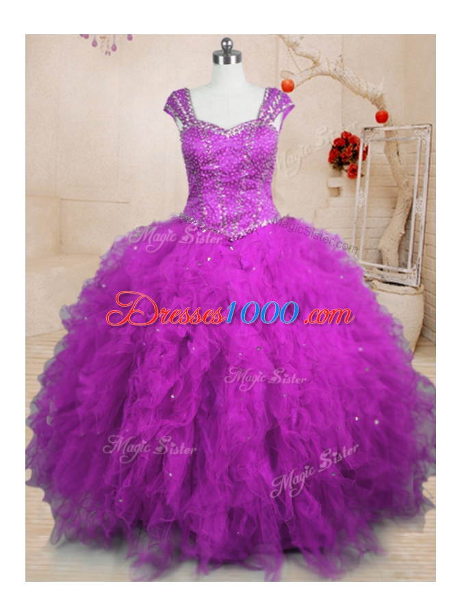 Cap Sleeves Tulle Floor Length Lace Up 15 Quinceanera Dress in Purple for with Beading and Ruffles