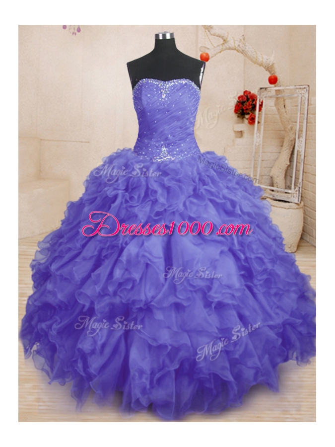 Classical Organza Sleeveless Floor Length 15th Birthday Dress and Beading and Ruffles and Ruching