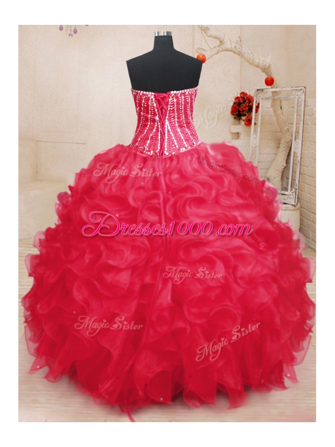 Coral Red Ball Gowns Organza Sweetheart Sleeveless Beading and Ruffles and Sequins Floor Length Lace Up Quinceanera Gown