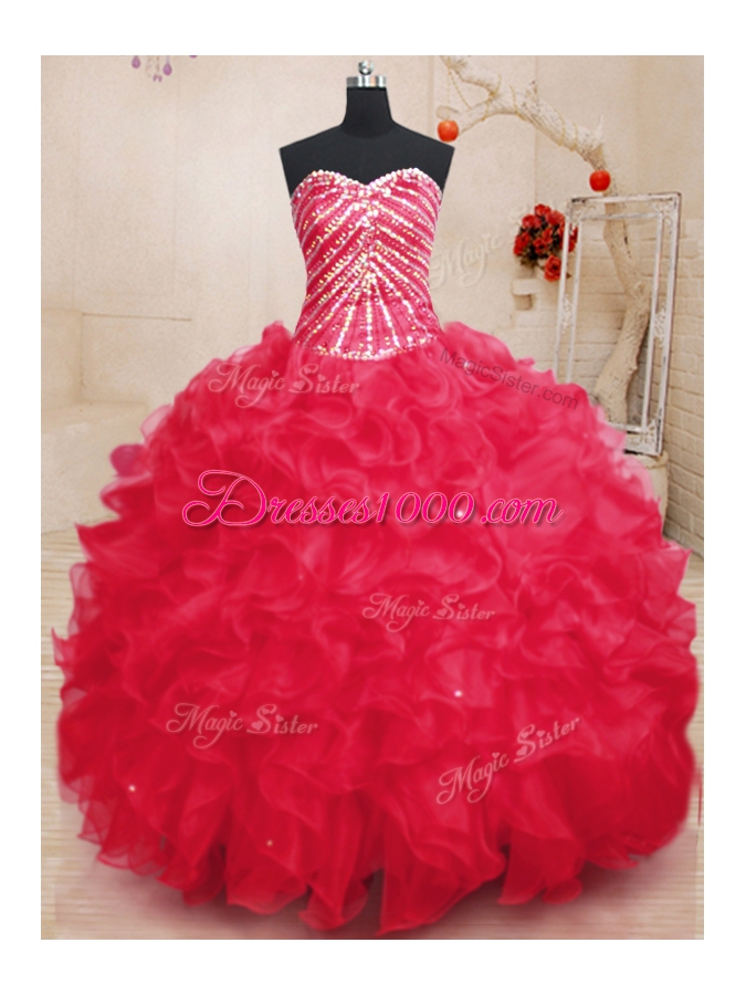 Coral Red Ball Gowns Organza Sweetheart Sleeveless Beading and Ruffles and Sequins Floor Length Lace Up Quinceanera Gown