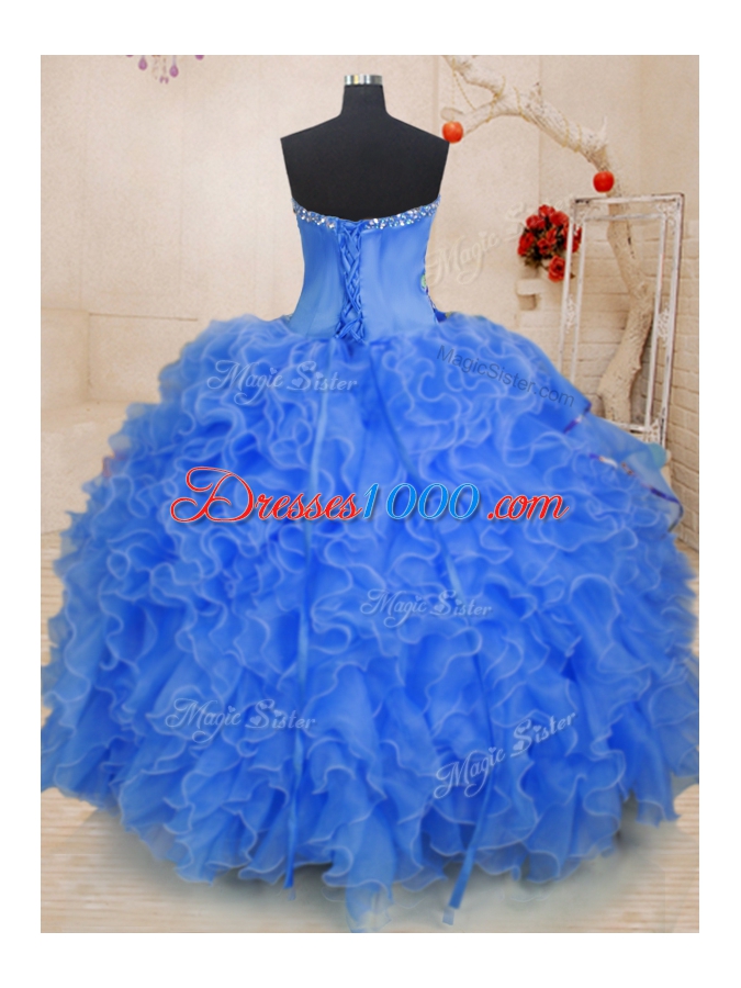 Fantastic Blue Sweetheart Lace Up Beading and Ruffles Sweet 16 Dress Sleeveless