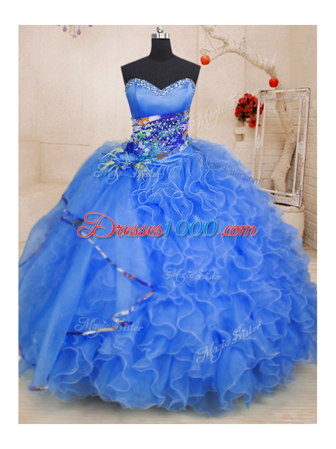 Fantastic Blue Sweetheart Lace Up Beading and Ruffles Sweet 16 Dress Sleeveless