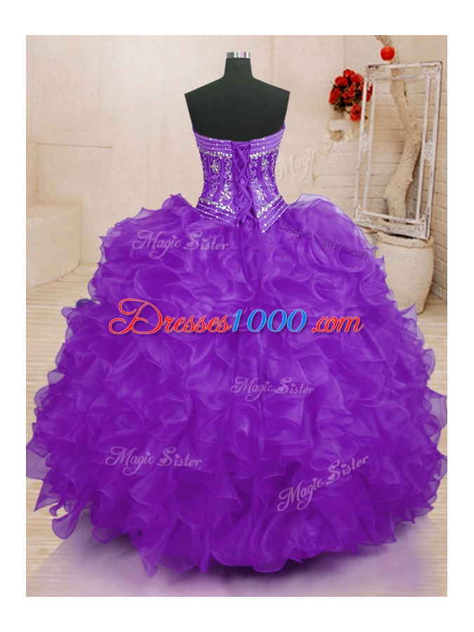 Floor Length Purple Sweet 16 Dress Organza Sleeveless Beading and Ruffles
