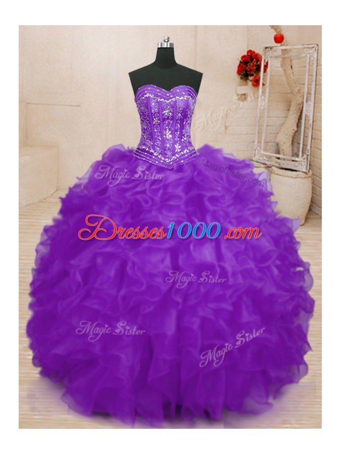 Floor Length Purple Sweet 16 Dress Organza Sleeveless Beading and Ruffles