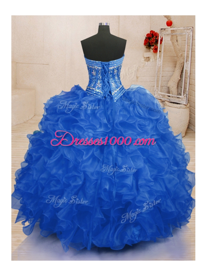 Modern Blue Sweetheart Neckline Beading and Ruffles Ball Gown Prom Dress Sleeveless Lace Up