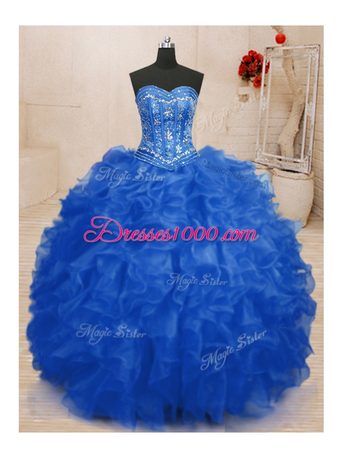 Modern Blue Sweetheart Neckline Beading and Ruffles Ball Gown Prom Dress Sleeveless Lace Up
