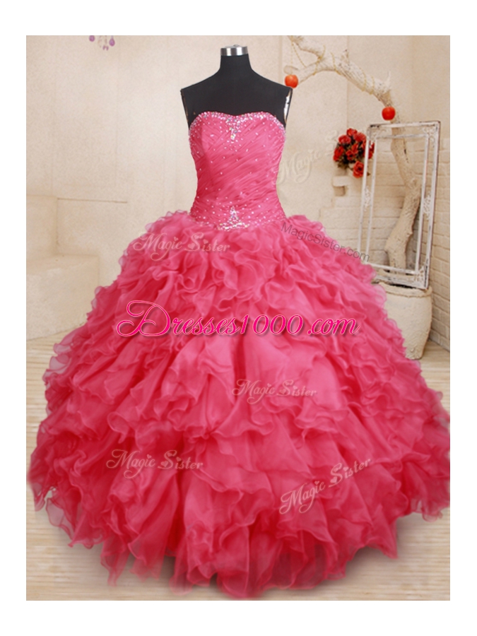 New Arrival Coral Red Organza Lace Up Vestidos de Quinceanera Sleeveless Floor Length Beading and Ruffles