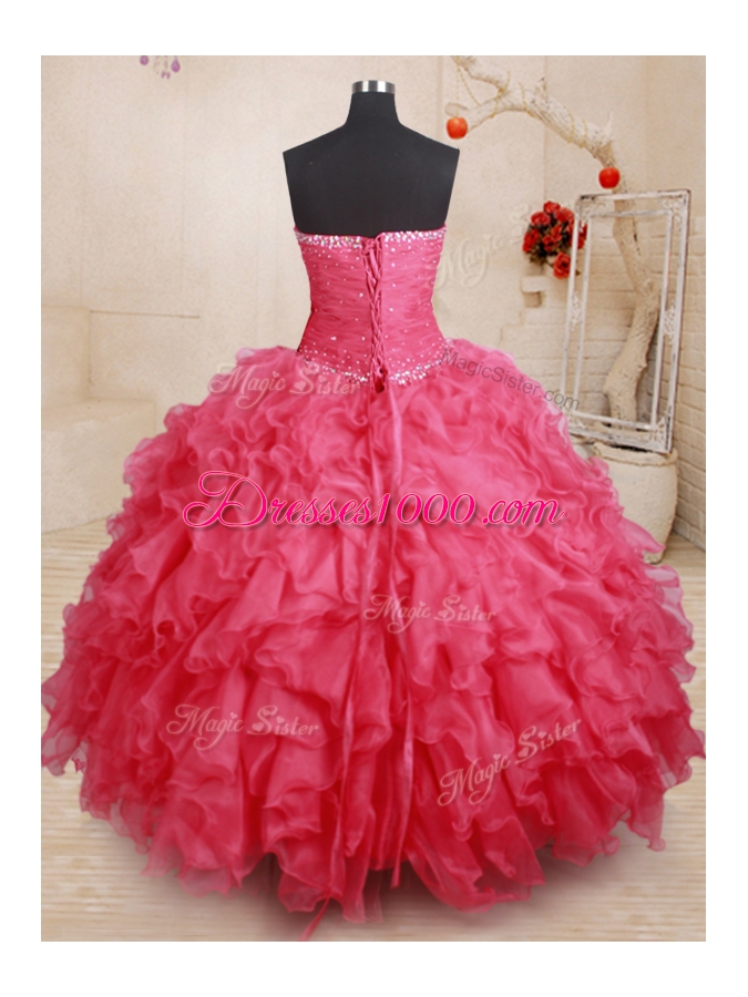 New Arrival Coral Red Organza Lace Up Vestidos de Quinceanera Sleeveless Floor Length Beading and Ruffles