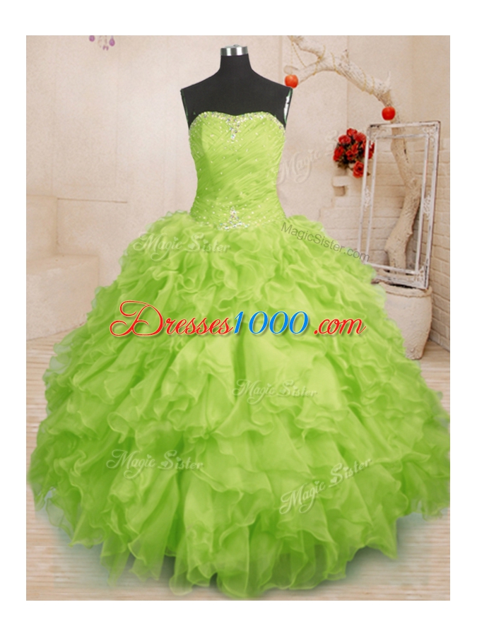 Noble Ball Gowns Quinceanera Dress Yellow Green Strapless Organza Sleeveless Floor Length Lace Up