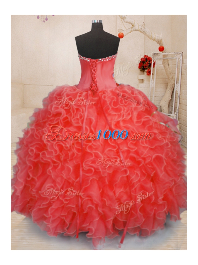 On Sale Sweetheart Sleeveless Quinceanera Gown Floor Length Beading and Ruffles Coral Red Organza