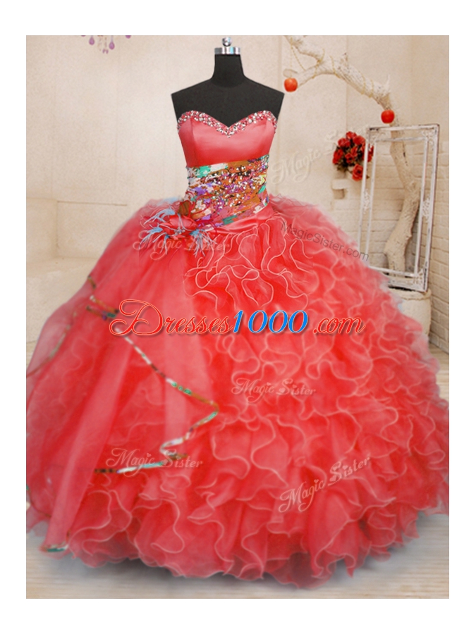 On Sale Sweetheart Sleeveless Quinceanera Gown Floor Length Beading and Ruffles Coral Red Organza