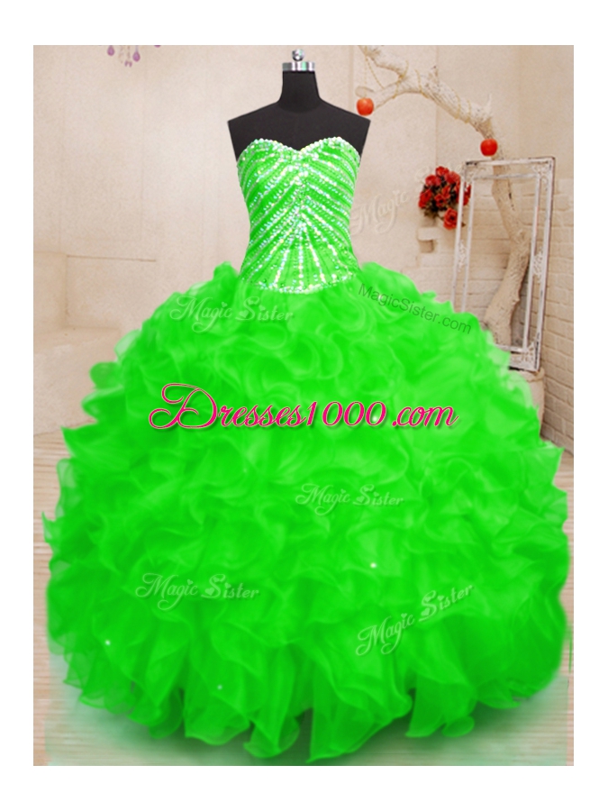Organza Lace Up Quince Ball Gowns Sleeveless Floor Length Beading and Ruffles and Sequins