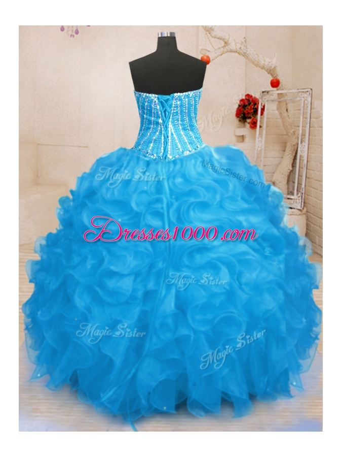 Sequins Sweetheart Sleeveless Lace Up Ball Gown Prom Dress Baby Blue Organza