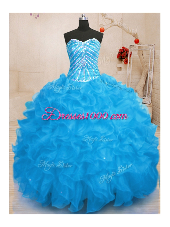 Sequins Sweetheart Sleeveless Lace Up Ball Gown Prom Dress Baby Blue Organza