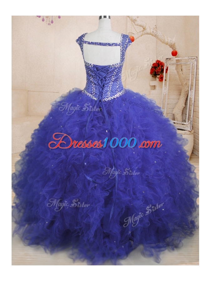 Smart Sequins Ball Gowns Sweet 16 Dresses Royal Blue Square Tulle Cap Sleeves Floor Length Lace Up