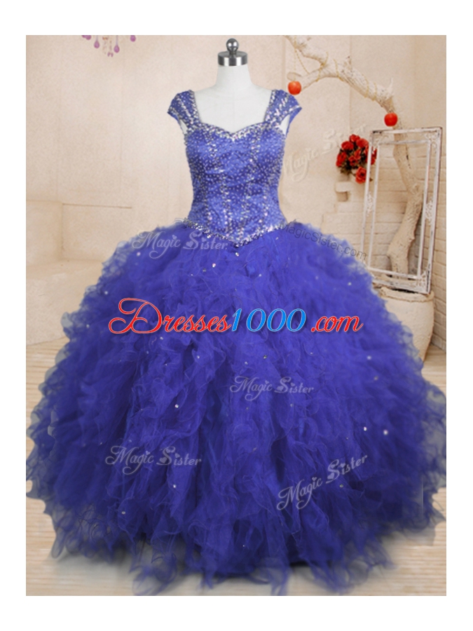 Smart Sequins Ball Gowns Sweet 16 Dresses Royal Blue Square Tulle Cap Sleeves Floor Length Lace Up