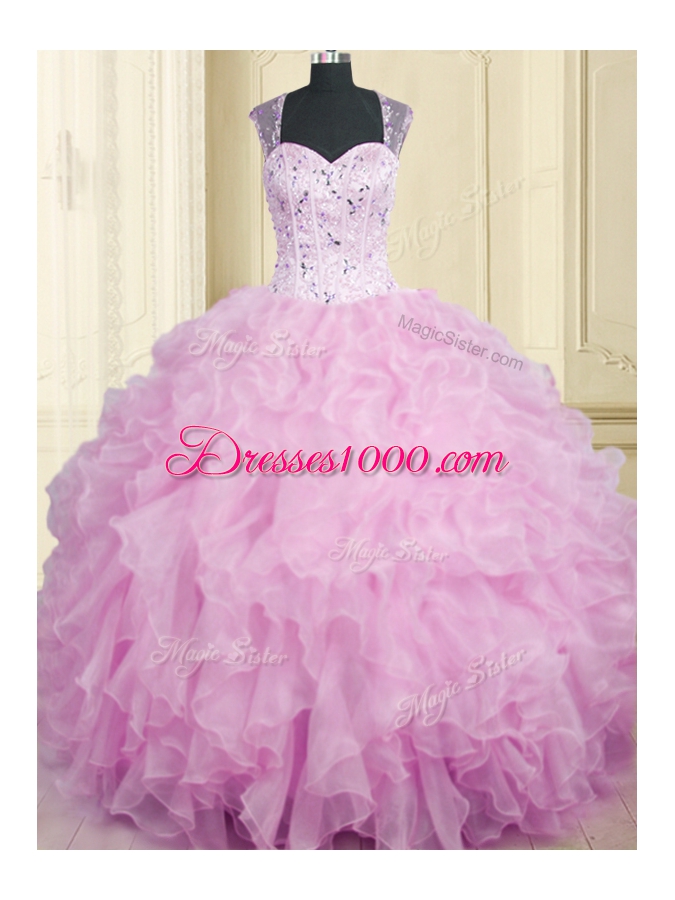 Fitting Straps Sleeveless Organza 15 Quinceanera Dress Beading and Ruffles Zipper