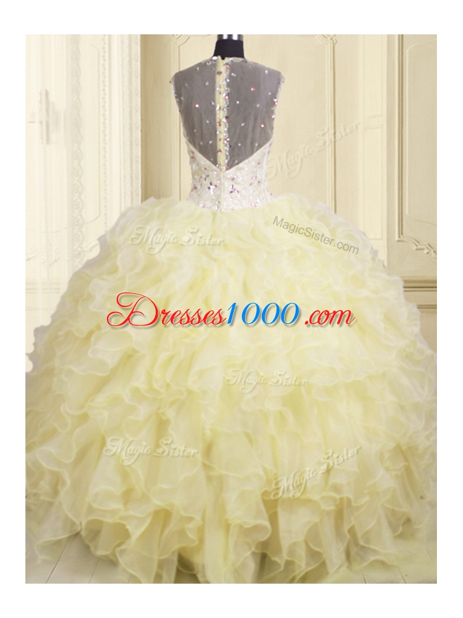 Glamorous Floor Length Ball Gowns Sleeveless Light Yellow 15th Birthday Dress Lace Up