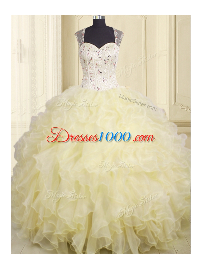Glamorous Floor Length Ball Gowns Sleeveless Light Yellow 15th Birthday Dress Lace Up