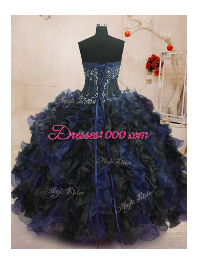 Graceful Floor Length Blue And Black Sweet 16 Dresses Organza Sleeveless Beading and Ruffles