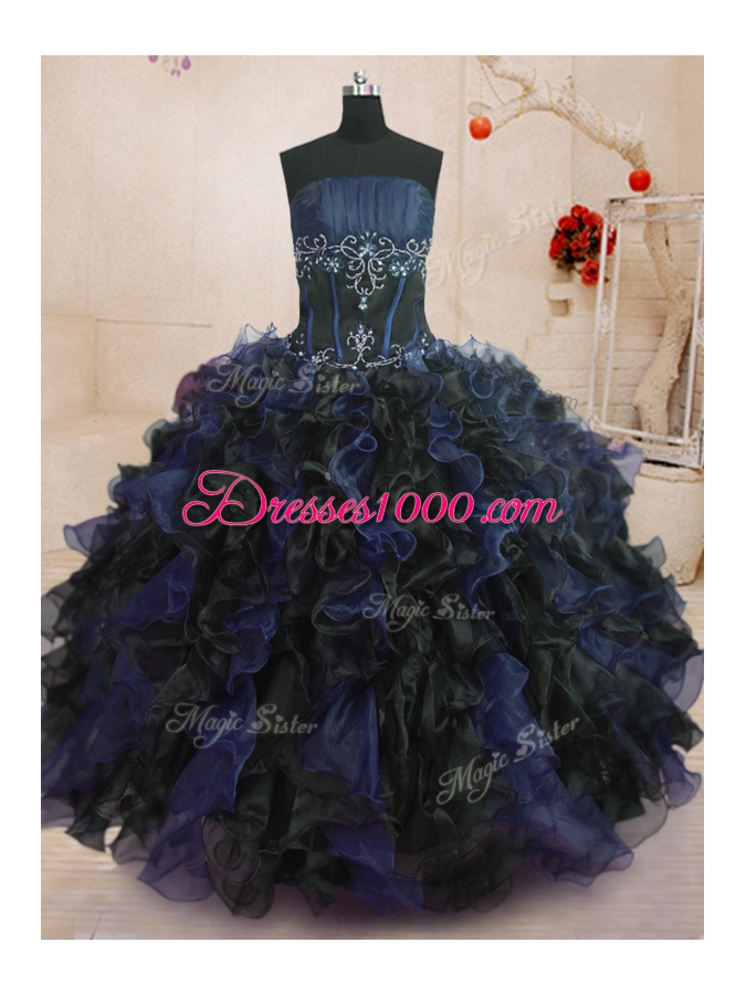 Graceful Floor Length Blue And Black Sweet 16 Dresses Organza Sleeveless Beading and Ruffles